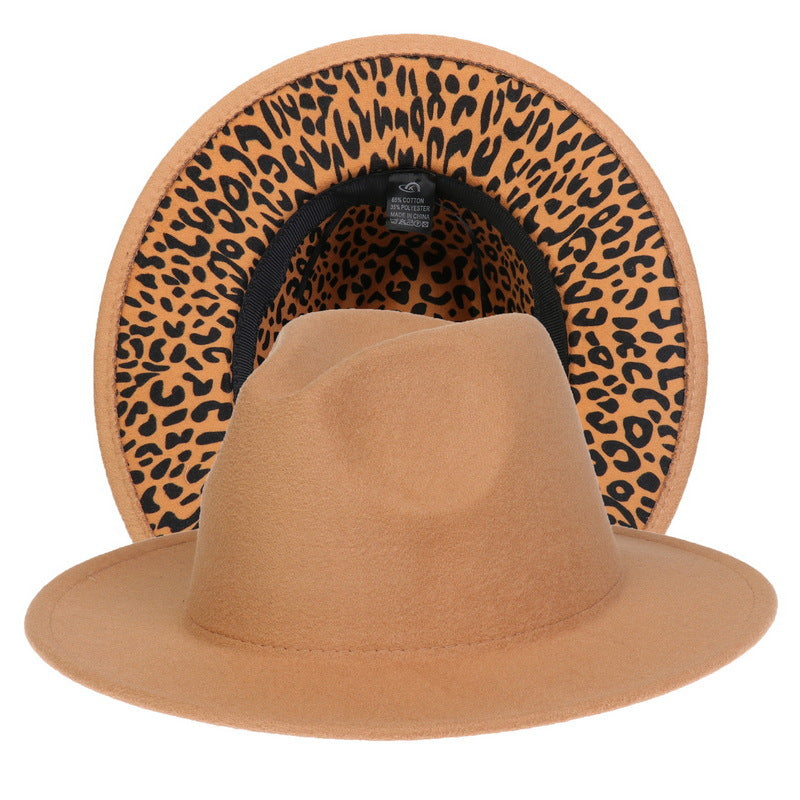 Double-sided Color-blocking Leopard Print Woolen Fedora Hat