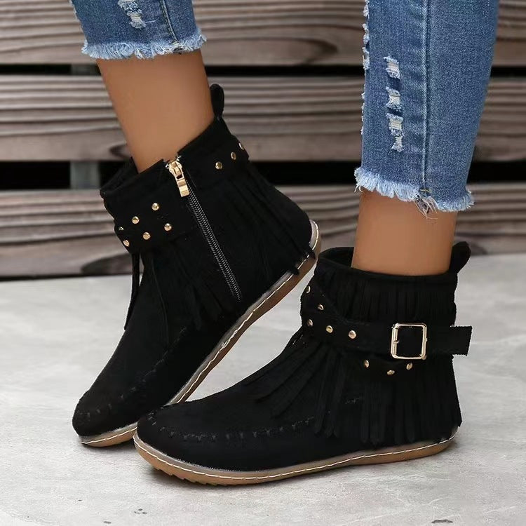 Retro Ankle Boots With Rivet Tassel Flat Shoes Women Winter Boots