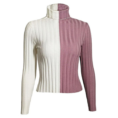 Women's Fashion Long Sleeve High Neck Pullover Splicing Bottom Shirt Top