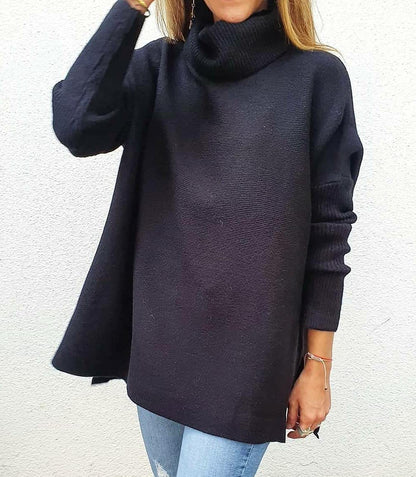 Turtleneck Sweater Mid Length Batwing Sleeve Slit Hem Tunic Pullover Sweaters