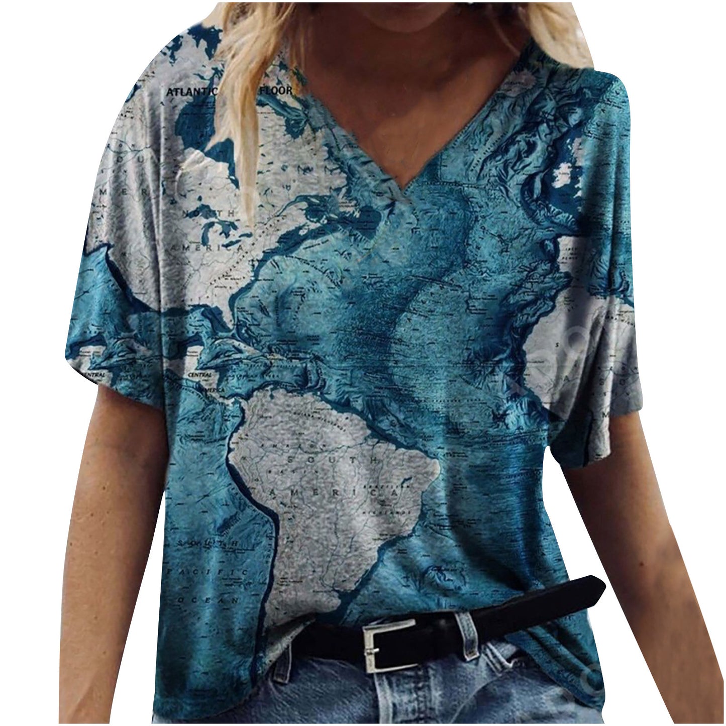 New Female Map Print V-Neck Short-Sleeved T-Shirt