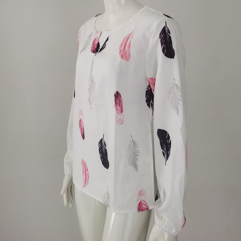 Feather Print Polo Shirt Long Lantern Sleeve Shirt Turndown Collar Breasted Top