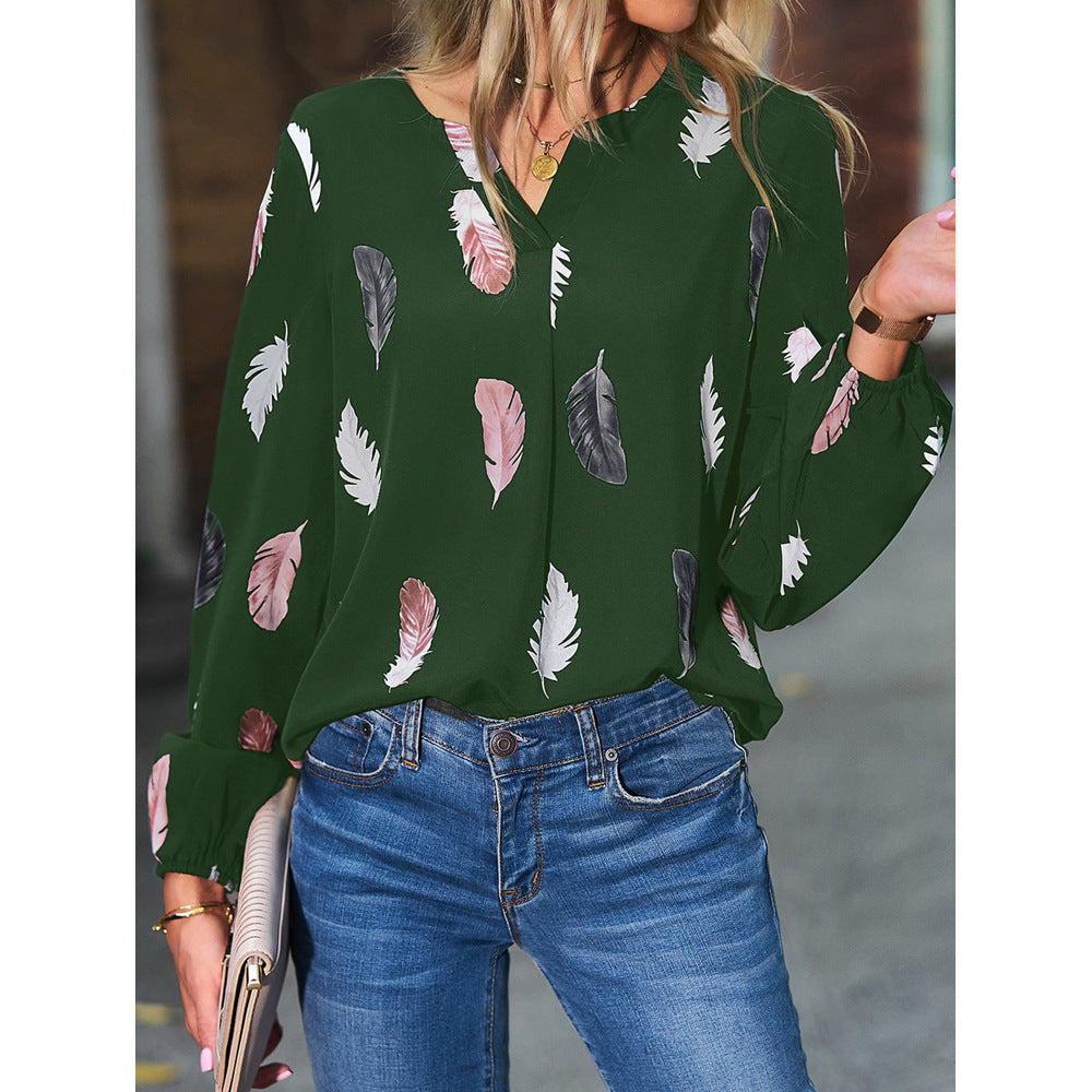 Feather Print Polo Shirt Long Lantern Sleeve Shirt Turndown Collar Breasted Top