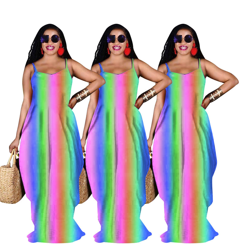 Rainbow Print Loose Slip Dress Maxi Dress