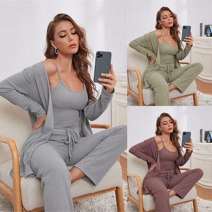 Waffle Knitted Suspenders Top And Trousers Robe Pajamas Three-piece Suit