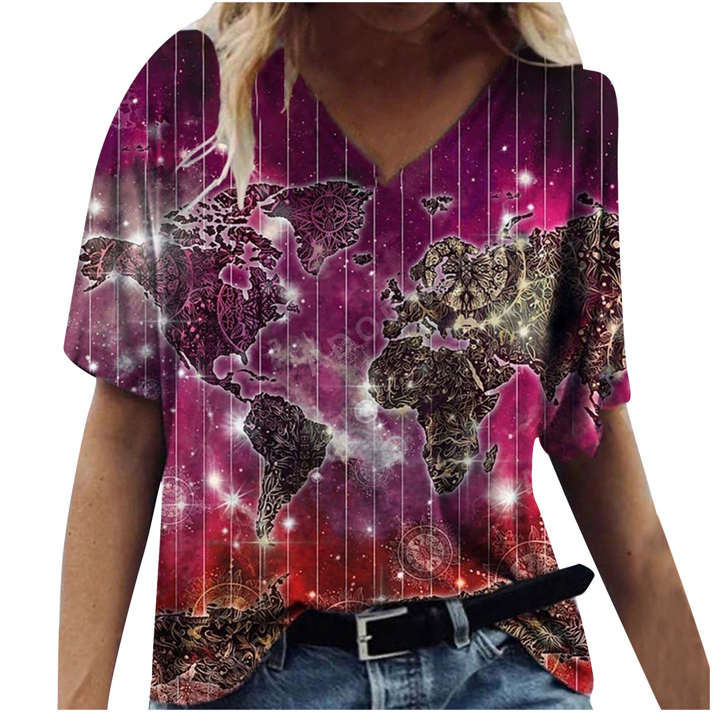 New Female Map Print V-Neck Short-Sleeved T-Shirt