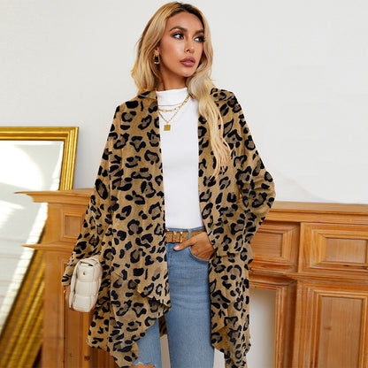 Women's Leopard Printed Irregular Hem Flannel Fashion Cardigan Coat