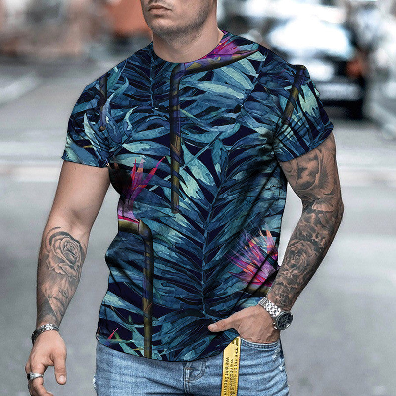 Round Neck 3D Plant Print Short-sleeved T-shirt