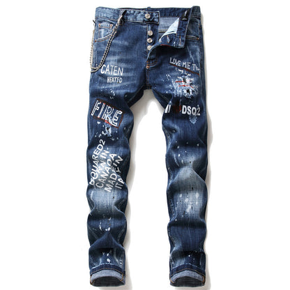 Men slim denim trousers zipper blue hole Pencil Pants