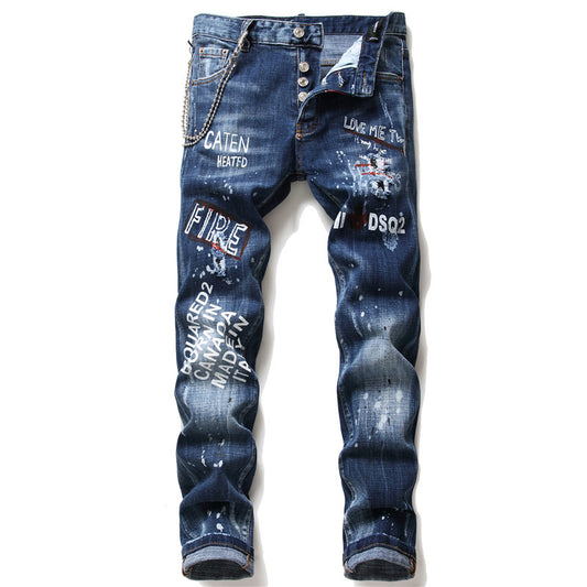 Men slim denim trousers zipper blue hole Pencil Pants