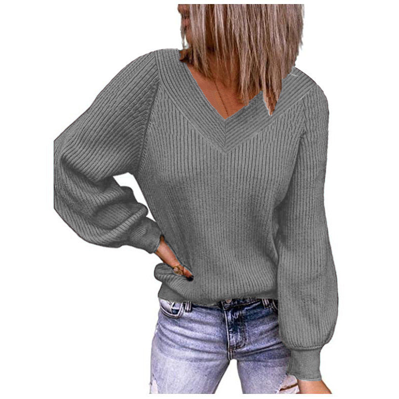 Women's Loose Knit V-Neck Solid Color Pullover Top