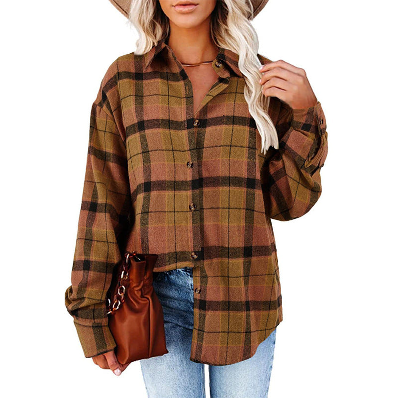 Women's New Casual Loose Boyfriend Plaid Shirt