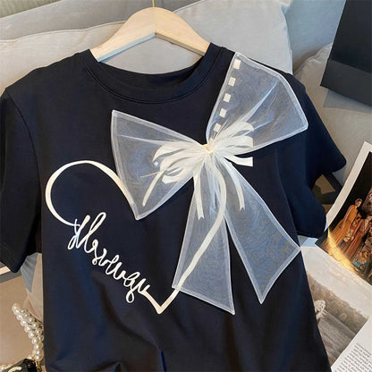 Sweet Gauze Bow Black Short Sleeves