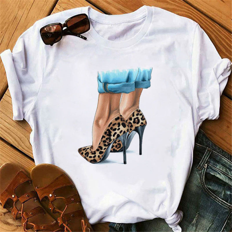 Fashion Girl Print Ladies Short Sleeve  Loose T-shirt