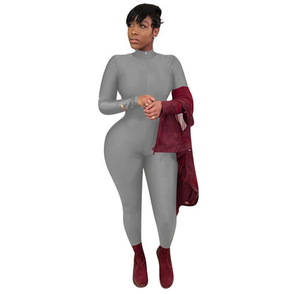 Women's Solid Color Long Zipper Tight-fitting Long-sleeved Jumpsuit