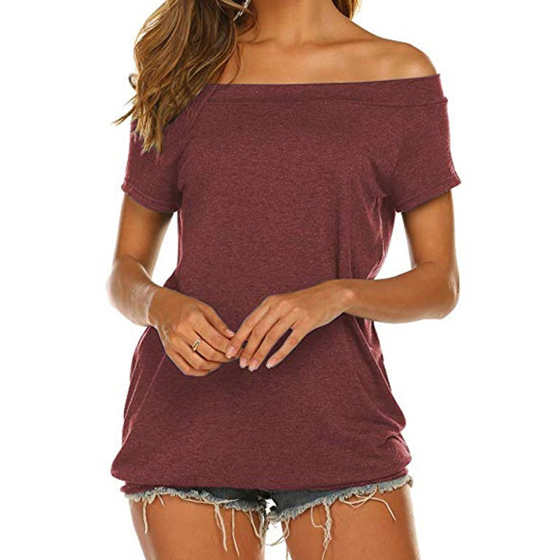 Women's Pullover Solid Color Short Sleeve Off-the-shoulder Loose-fitting Casual T-shirt