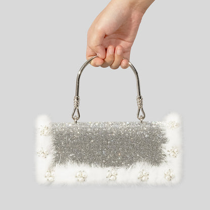 New Ostrich Fur Pearl Rhinestone Bag