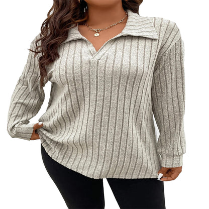 Solid Color Women's V-shaped Lapel Long Sleeve Sunken Stripe Shirt