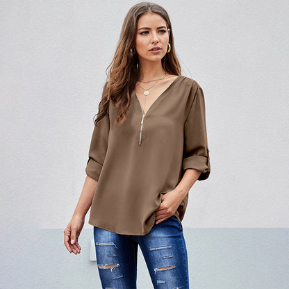 Women's Shirts Solid Color Sexy V-neck Zipper Half Sleeves