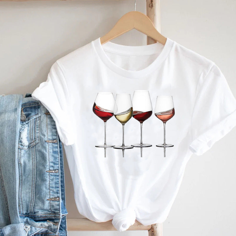 Women Printed Wine Lady Short Sleeve Casual