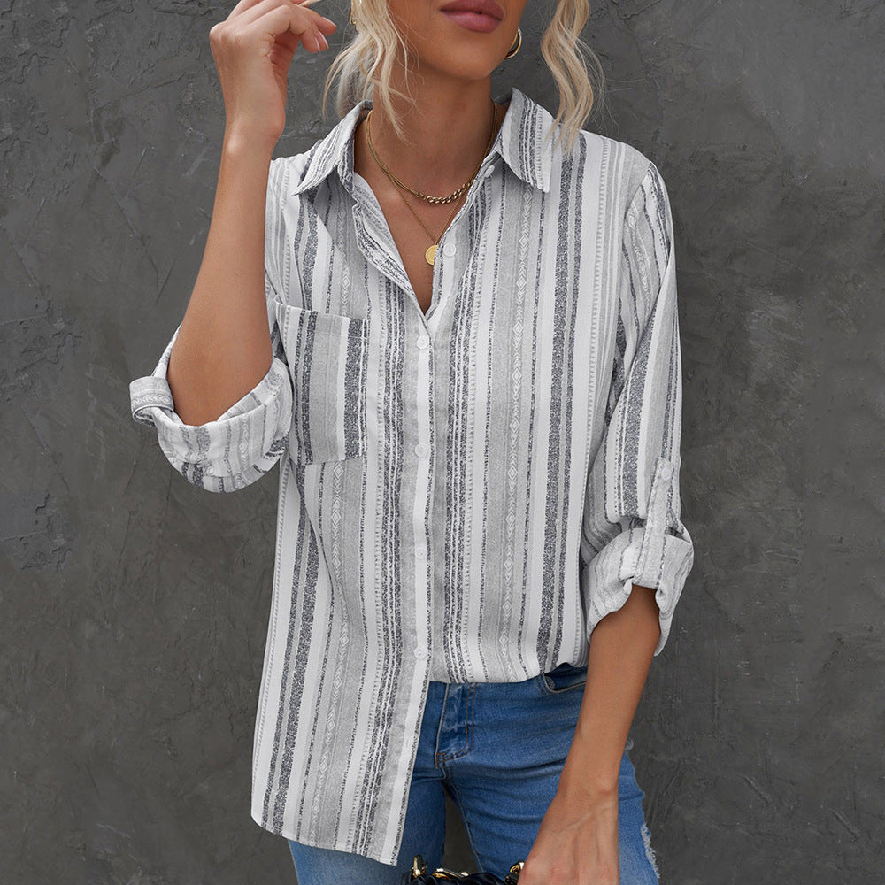 Striped Lapel Long-sleeved Cardigan Single-breasted Shirt