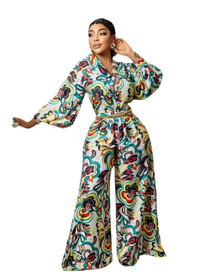 V-neck Printed High Waist Wide Leg Straight Jumpsuit