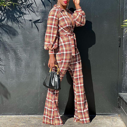 Women's Long-sleeved Printed Checks Jumpsuit