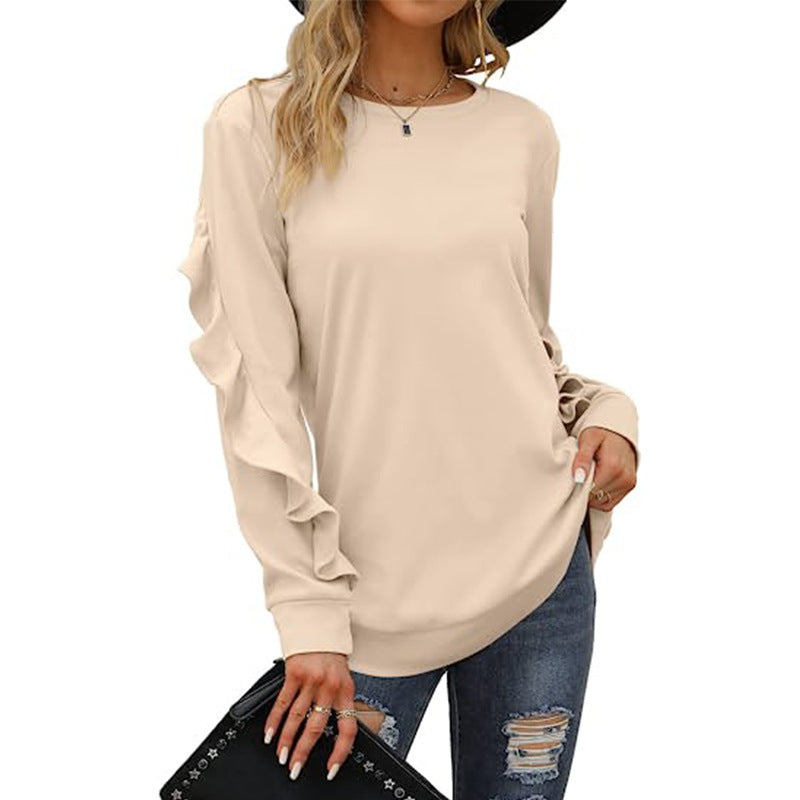 Women's Clothing Casual Round Neck Sweater Pleated Long Sleeve Top