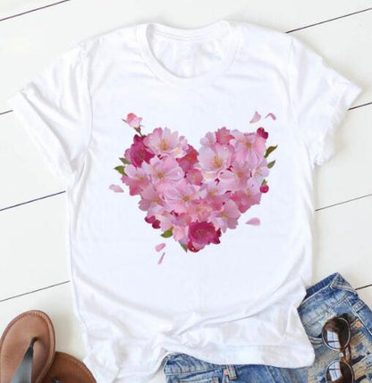 Fashion Flower Love Print Short Sleeve