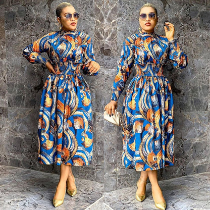 Women Clothing Fashion Printing Lapel Long Sleeve Dress